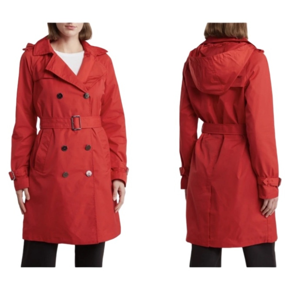 Michael Kors Vibrant Red Double Breasted Button Trench Coat With Removable Hood